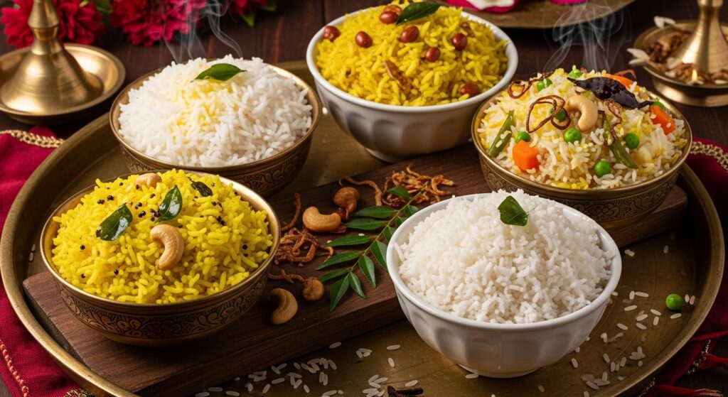 Rice Varieties-Puliyodarai, Vegetable Biryani, Coconut Rice, Lemon Rice