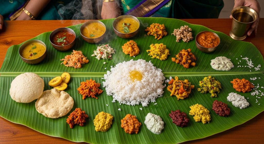 veg food in  banana leaf